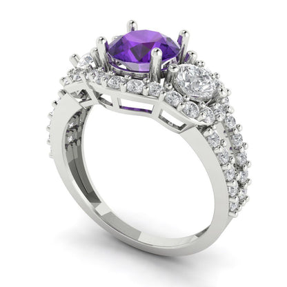 2.16 cttw Natural Amethyst Three-Stone Engagement Ring - Solid White Gold (VVS1, Round Cut,6.5mm)