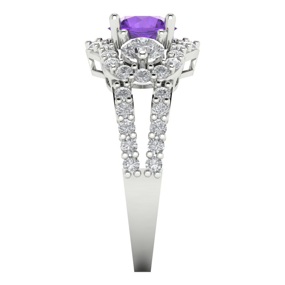 2.16 cttw Natural Amethyst Three-Stone Engagement Ring - Solid White Gold (VVS1, Round Cut,6.5mm)