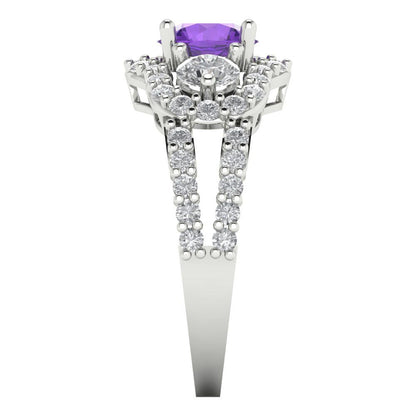2.16 cttw Natural Amethyst Three-Stone Engagement Ring - Solid White Gold (VVS1, Round Cut,6.5mm)