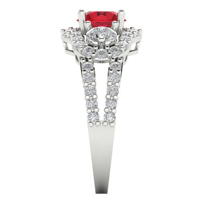2.16 cttw Simulated Ruby Three-Stone Engagement Ring - Solid White Gold (VVS1, Round Cut,6.5mm)