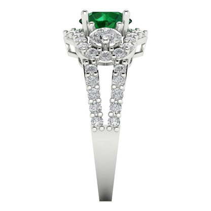 2.16 cttw Simulated Emerald Three-Stone Engagement Ring - Solid White Gold (VVS1, Round Cut,6.5mm)