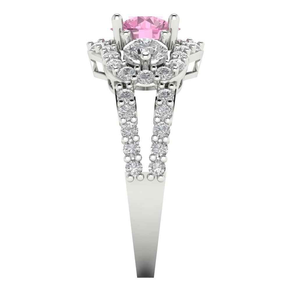 2.16 cttw Zirconia Simulated Pink Diamond Three-Stone Engagement Ring - Solid White Gold (VVS1, Round Cut,6.5mm)
