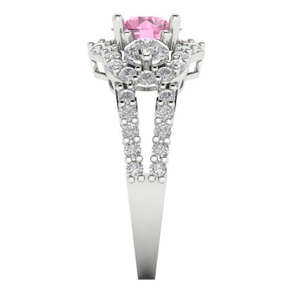 2.16 cttw Zirconia Simulated Pink Diamond Three-Stone Engagement Ring - Solid White Gold (VVS1, Round Cut,6.5mm)