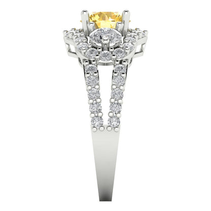 2.16 cttw Zirconia Simulated Yellow Diamond Three-Stone Engagement Ring - Solid White Gold (VVS1, Round Cut,6.5mm)
