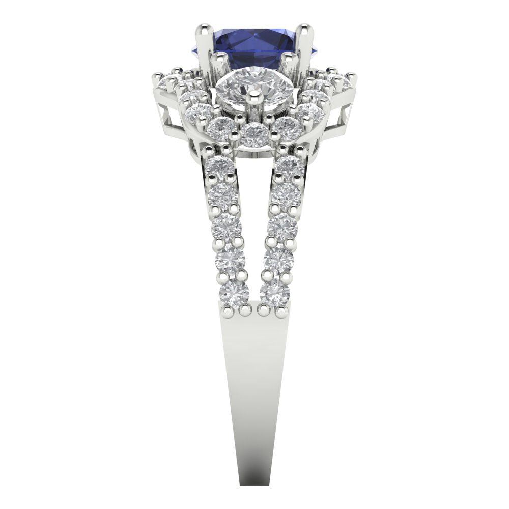 2.16 cttw Simulated Blue Sapphire Three-Stone Engagement Ring - Solid White Gold (VVS1, Round Cut,6.5mm)