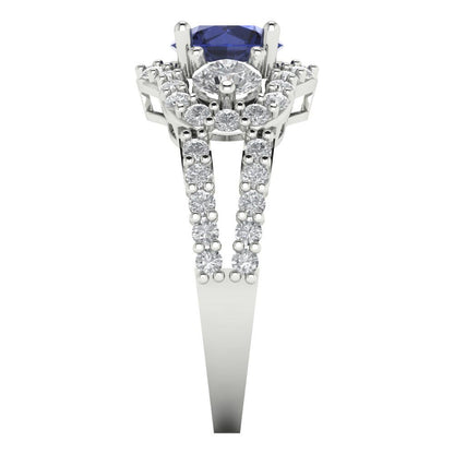 2.16 cttw Simulated Blue Sapphire Three-Stone Engagement Ring - Solid White Gold (VVS1, Round Cut,6.5mm)