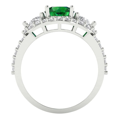 2.16 cttw Simulated Emerald Three-Stone Engagement Ring - Solid White Gold (VVS1, Round Cut,6.5mm)