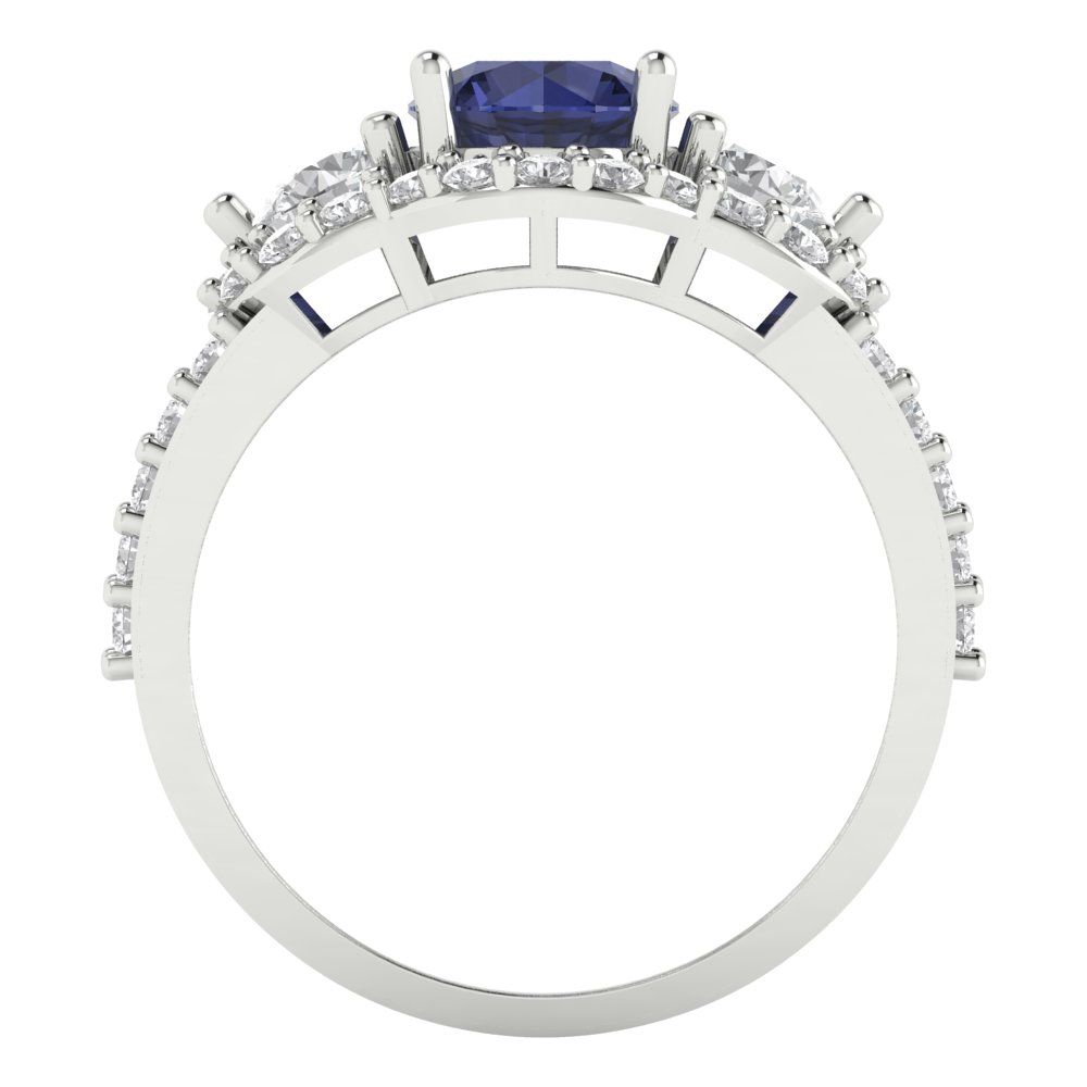 2.16 cttw Simulated Blue Sapphire Three-Stone Engagement Ring - Solid White Gold (VVS1, Round Cut,6.5mm)