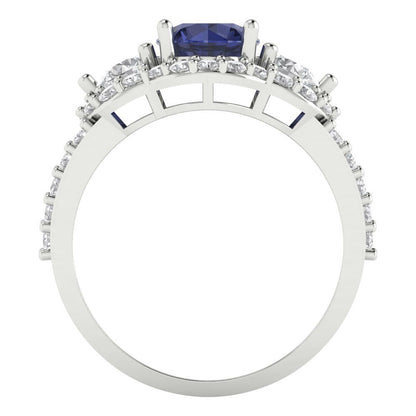 2.16 cttw Simulated Blue Sapphire Three-Stone Engagement Ring - Solid White Gold (VVS1, Round Cut,6.5mm)
