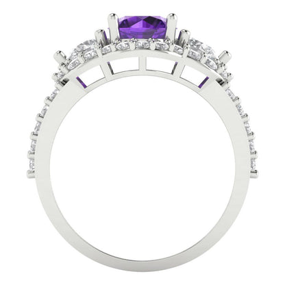 2.16 cttw Natural Amethyst Three-Stone Engagement Ring - Solid White Gold (VVS1, Round Cut,6.5mm)