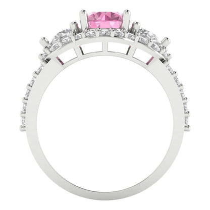 2.16 cttw Zirconia Simulated Pink Diamond Three-Stone Engagement Ring - Solid White Gold (VVS1, Round Cut,6.5mm)