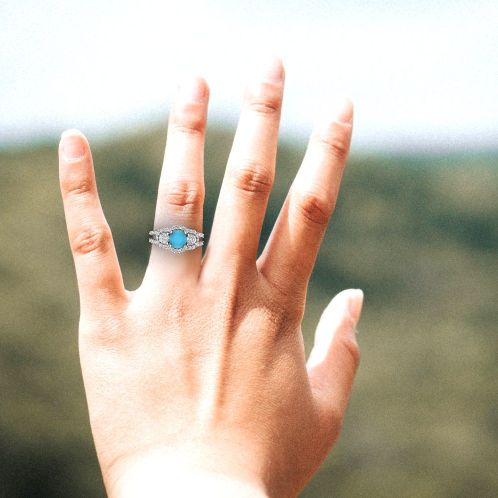 2.16 cttw Simulated Turquoise Three-Stone Engagement Ring - Solid White Gold (VVS1, Round Cut,6.5mm)