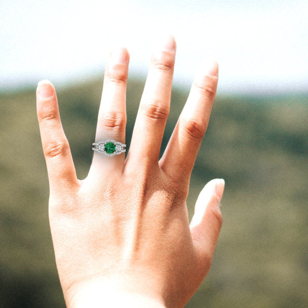 2.16 cttw Simulated Emerald Three-Stone Engagement Ring - Solid White Gold (VVS1, Round Cut,6.5mm)