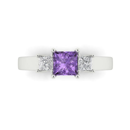 1.11 cttw Simulated Alexandrite Three-Stone Engagement Ring - Solid White Gold (VVS1, Princess Cut,5.0mm)