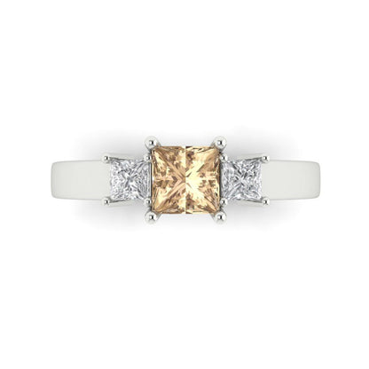 1.11 cttw Yellow Moissanite Three-Stone Engagement Ring - Solid White Gold (VVS1, Princess Cut,5.0mm)