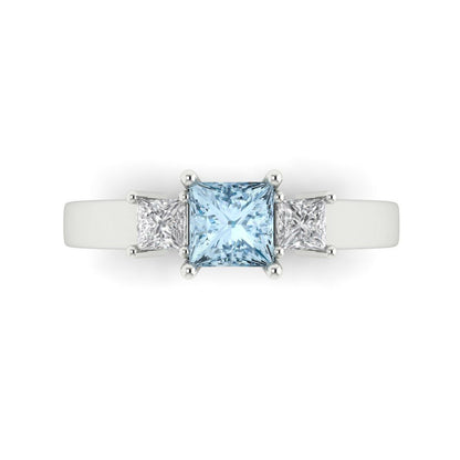 1.11 cttw Zirconia Simulated Blue Diamond Three-Stone Engagement Ring - Solid White Gold (VVS1, Princess Cut,5.0mm)