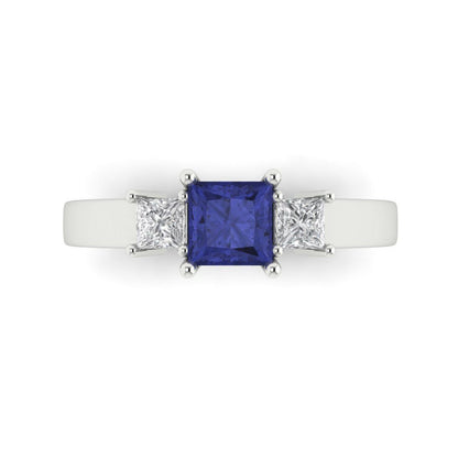 1.11 cttw Simulated Tanzanite Three-Stone Engagement Ring - Solid White Gold (VVS1, Princess Cut,5.0mm)