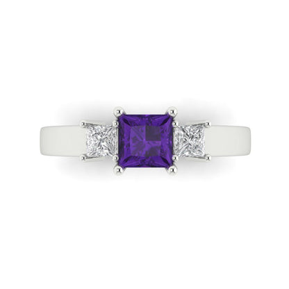 1.11 cttw Natural Amethyst Three-Stone Engagement Ring - Solid White Gold (VVS1, Princess Cut,5.0mm)