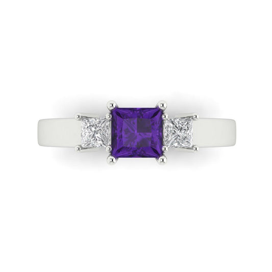 1.11 cttw Natural Amethyst Three-Stone Engagement Ring - Solid White Gold (VVS1, Princess Cut,5.0mm)