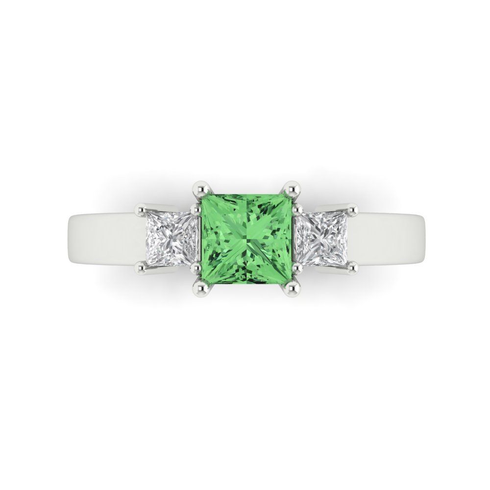 1.11 cttw Zirconia Simulated Green Diamond Three-Stone Engagement Ring - Solid White Gold (VVS1, Princess Cut,5.0mm)