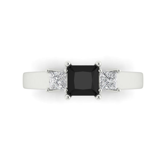 1.11 cttw Natural Onyx Three-Stone Engagement Ring - Solid White Gold (VVS1, Princess Cut,5.0mm)