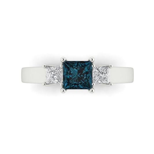 1.11 cttw Natural London Blue Topaz Three-Stone Engagement Ring - Solid White Gold (VVS1, Princess Cut,5.0mm)