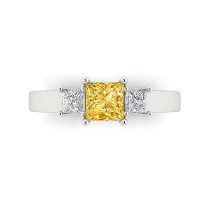 1.11 cttw Zirconia Simulated Yellow Diamond Three-Stone Engagement Ring - Solid White Gold (VVS1, Princess Cut,5.0mm)
