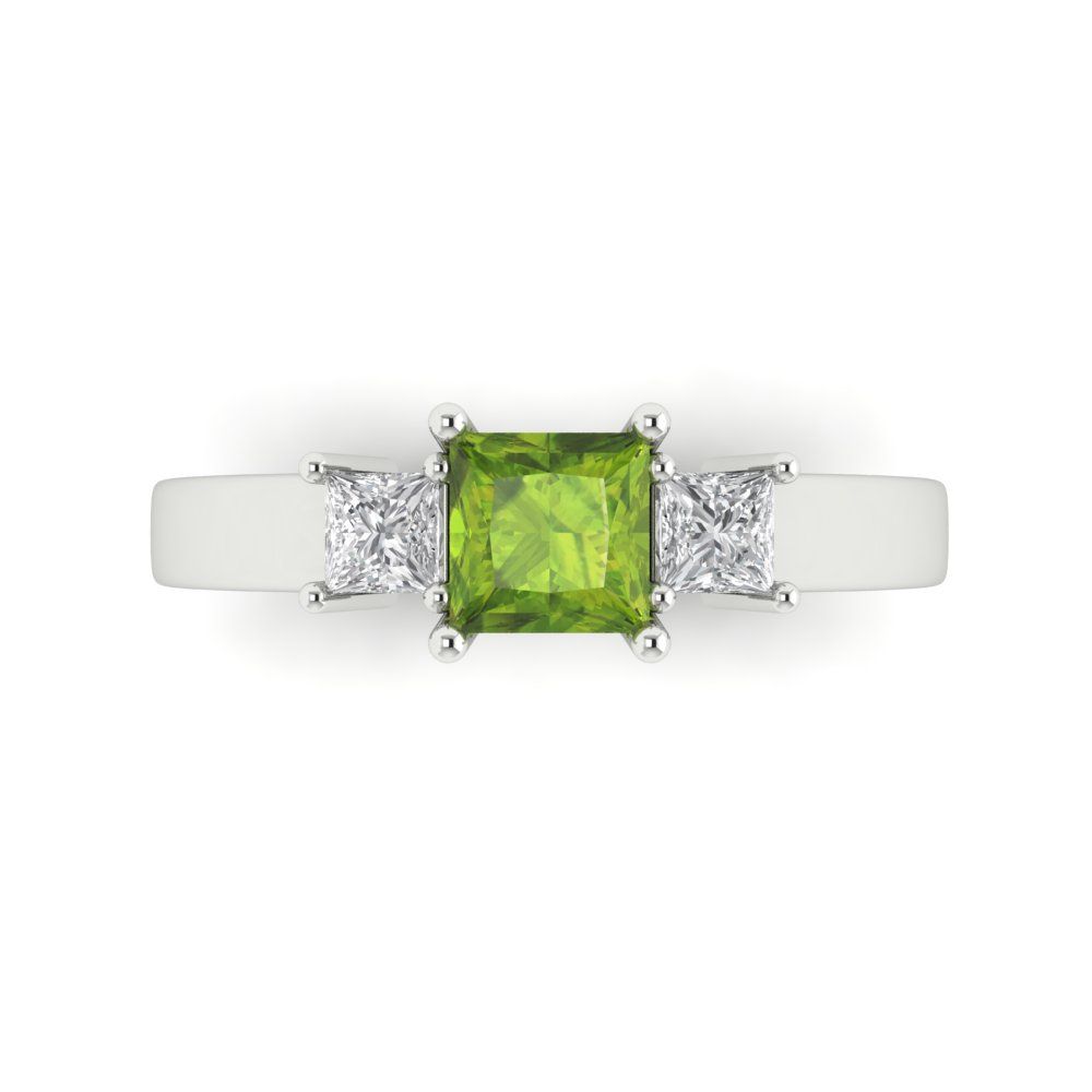1.11 cttw Natural Peridot Three-Stone Engagement Ring - Solid White Gold (VVS1, Princess Cut,5.0mm)