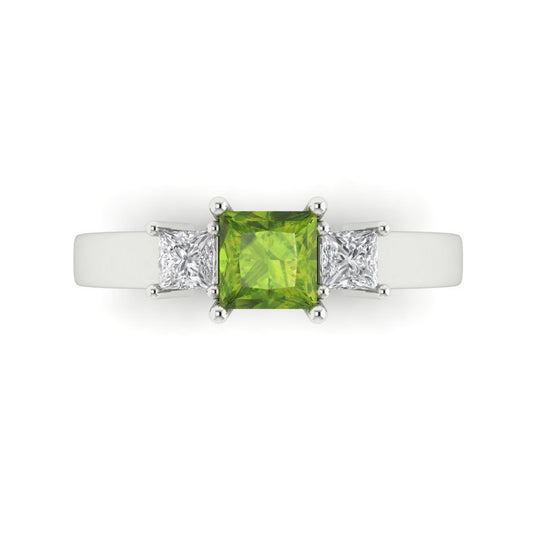 1.11 cttw Natural Peridot Three-Stone Engagement Ring - Solid White Gold (VVS1, Princess Cut,5.0mm)