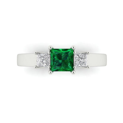 1.11 cttw Simulated Emerald Three-Stone Engagement Ring - Solid White Gold (VVS1, Princess Cut,5.0mm)