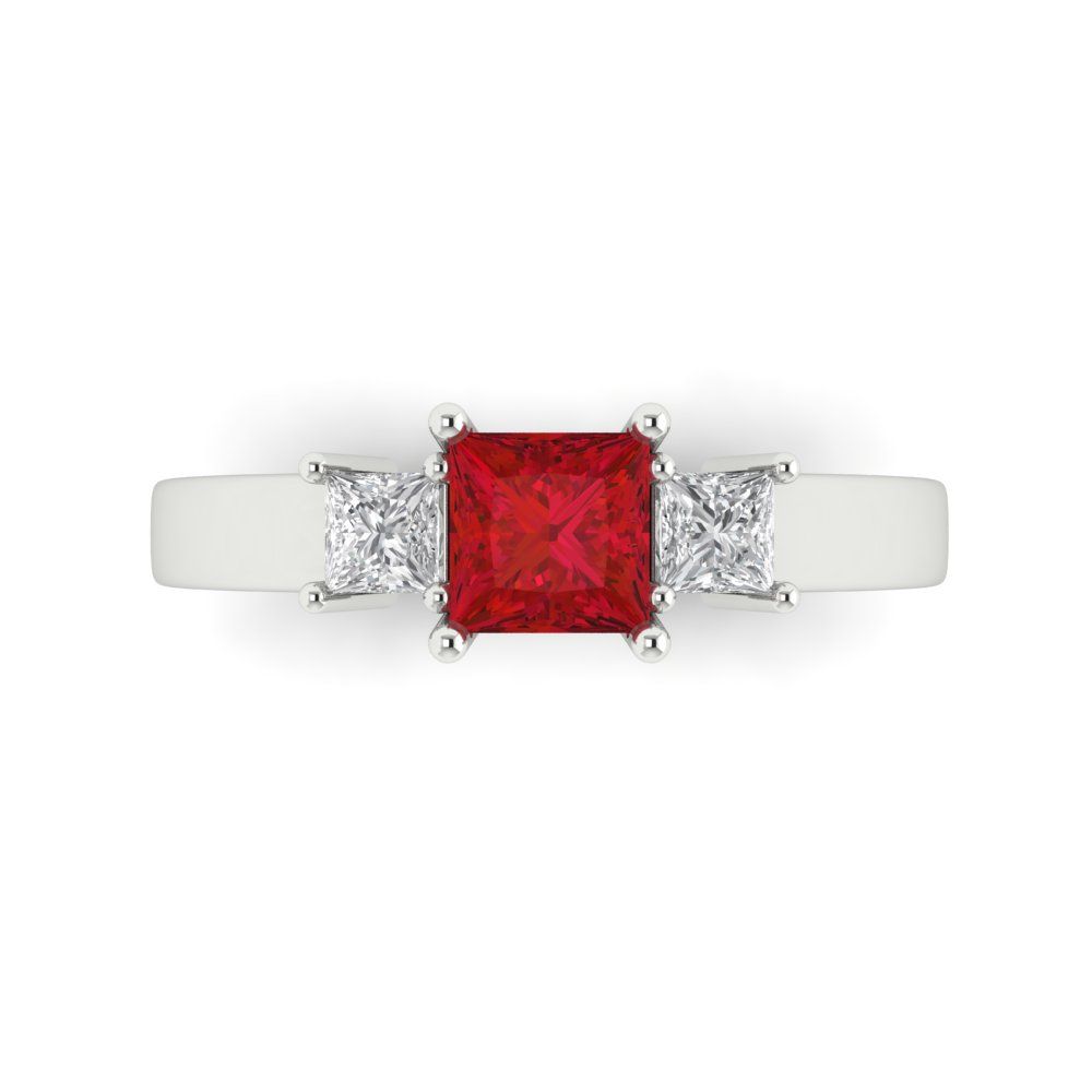 1.11 cttw Simulated Ruby Three-Stone Engagement Ring - Solid White Gold (VVS1, Princess Cut,5.0mm)