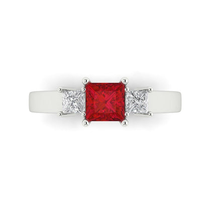 1.11 cttw Simulated Ruby Three-Stone Engagement Ring - Solid White Gold (VVS1, Princess Cut,5.0mm)