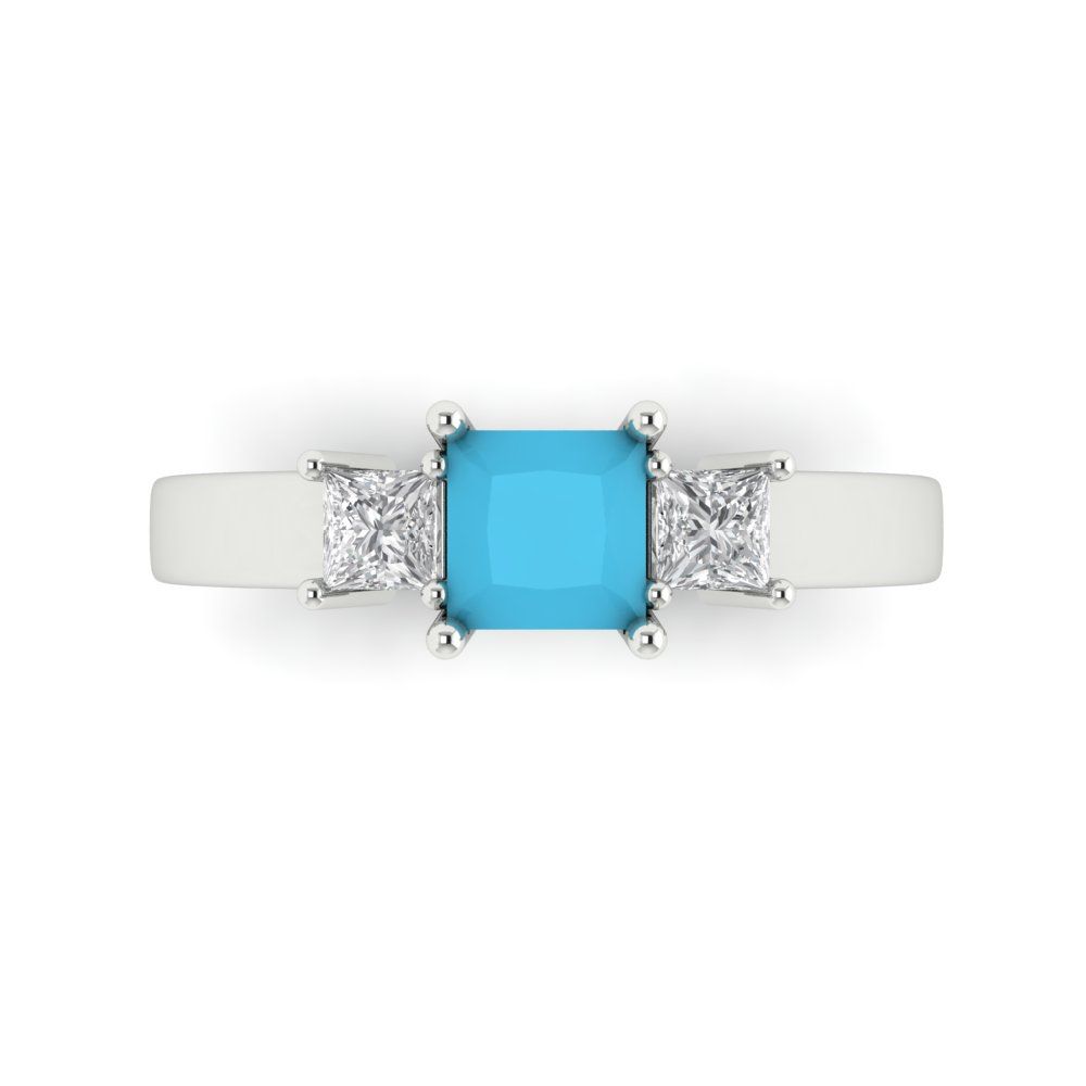 1.11 cttw Simulated Turquoise Three-Stone Engagement Ring - Solid White Gold (VVS1, Princess Cut,5.0mm)