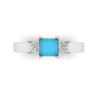 1.11 cttw Simulated Turquoise Three-Stone Engagement Ring - Solid White Gold (VVS1, Princess Cut,5.0mm)
