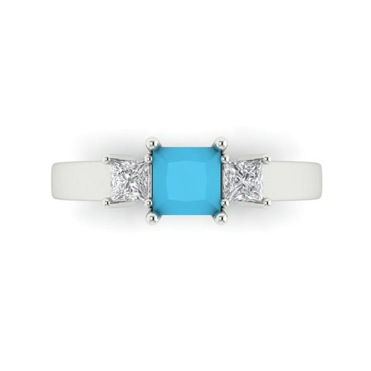 1.11 cttw Simulated Turquoise Three-Stone Engagement Ring - Solid White Gold (VVS1, Princess Cut,5.0mm)