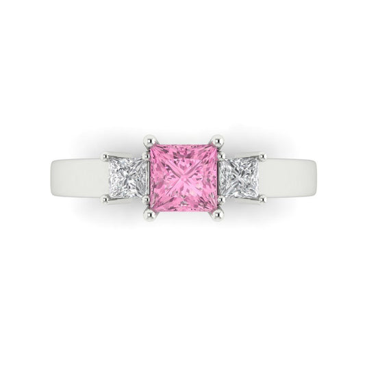 1.11 cttw Zirconia Simulated Pink Diamond Three-Stone Engagement Ring - Solid White Gold (VVS1, Princess Cut,5.0mm)