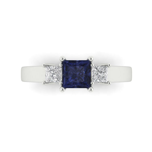 1.11 cttw Simulated Blue Sapphire Three-Stone Engagement Ring - Solid White Gold (VVS1, Princess Cut,5.0mm)
