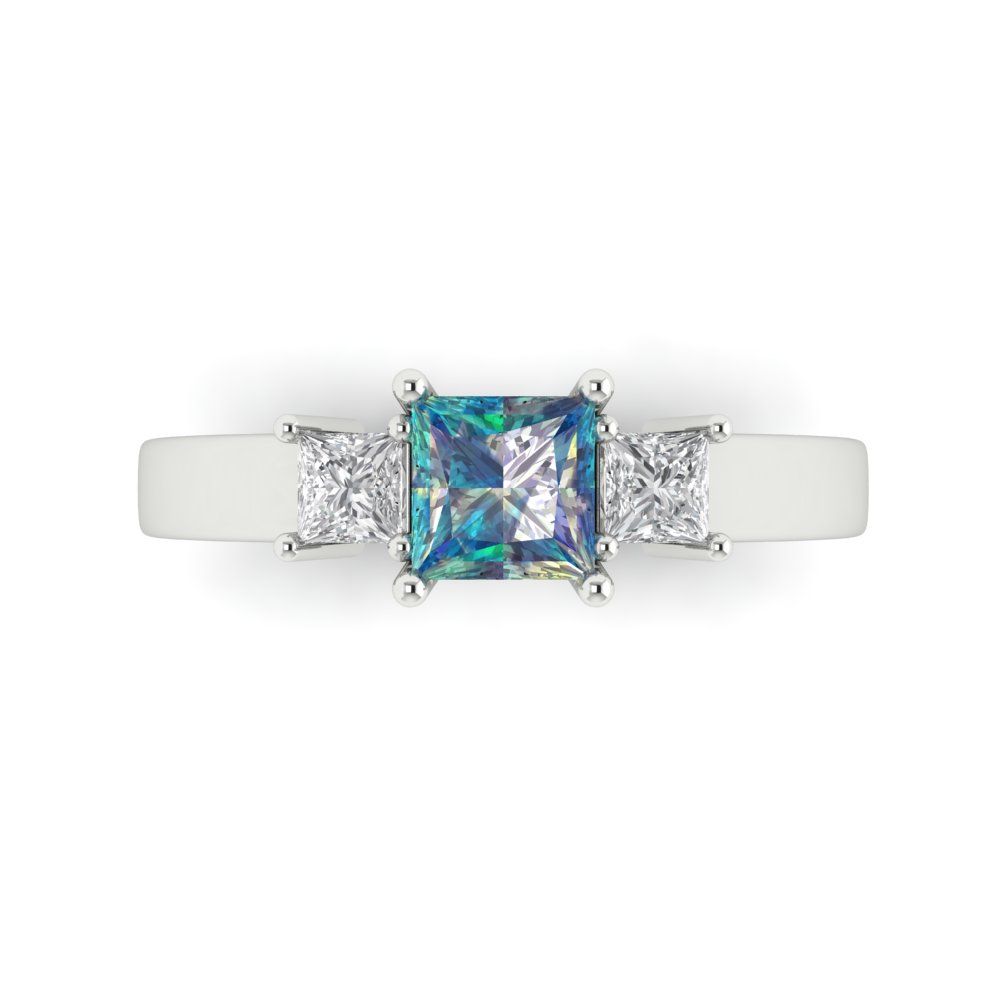 1.11 cttw Blue Moissanite Three-Stone Engagement Ring - Solid White Gold (VVS1, Princess Cut,5.0mm)