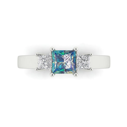 1.11 cttw Blue Moissanite Three-Stone Engagement Ring - Solid White Gold (VVS1, Princess Cut,5.0mm)