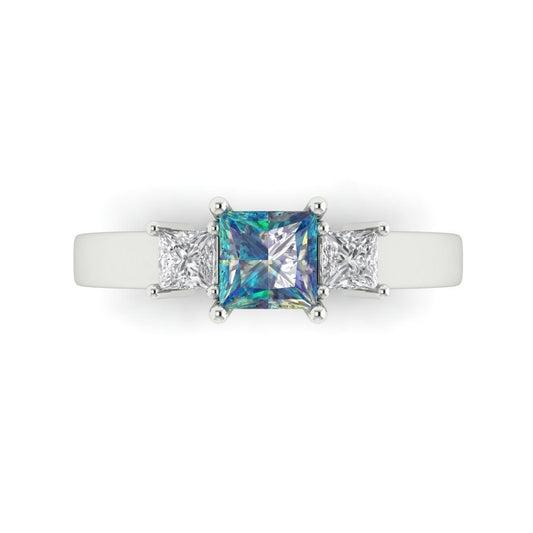 1.11 cttw Blue Moissanite Three-Stone Engagement Ring - Solid White Gold (VVS1, Princess Cut,5.0mm)