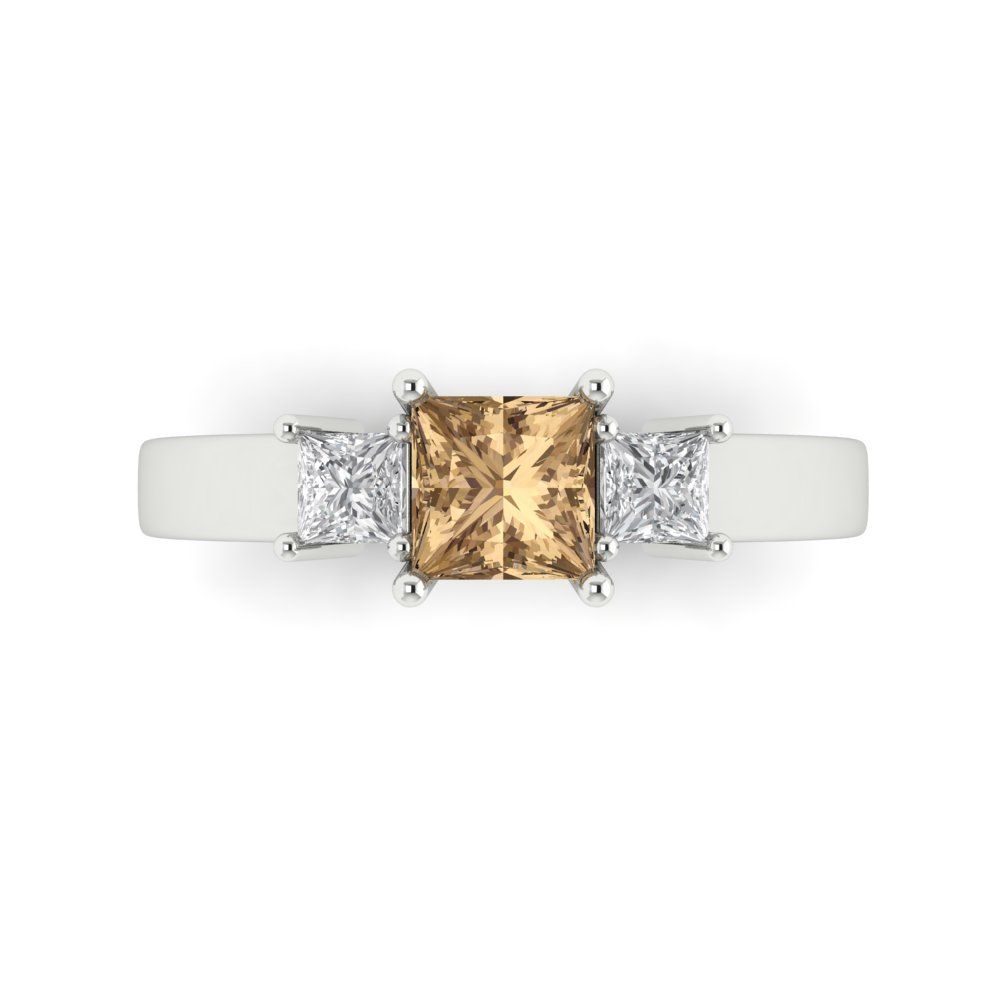 1.11 cttw Zirconia Simulated Champagne Diamond Three-Stone Engagement Ring - Solid White Gold (VVS1, Princess Cut,5.0mm)