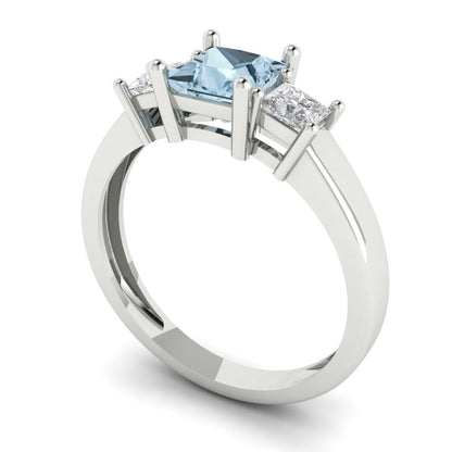 1.11 cttw Natural Aquamarine Three-Stone Engagement Ring - Solid White Gold (VVS1, Princess Cut,5.0mm)