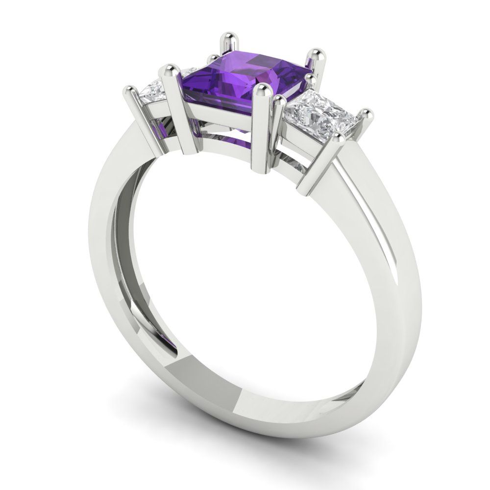 1.11 cttw Natural Amethyst Three-Stone Engagement Ring - Solid White Gold (VVS1, Princess Cut,5.0mm)
