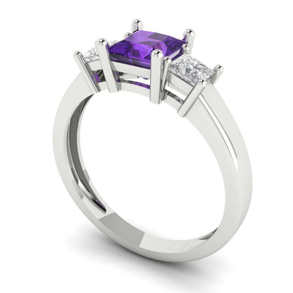 1.11 cttw Natural Amethyst Three-Stone Engagement Ring - Solid White Gold (VVS1, Princess Cut,5.0mm)