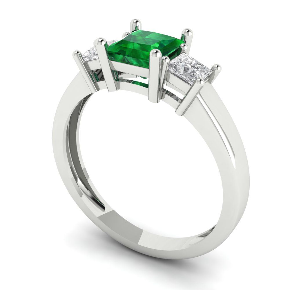 1.11 cttw Simulated Emerald Three-Stone Engagement Ring - Solid White Gold (VVS1, Princess Cut,5.0mm)