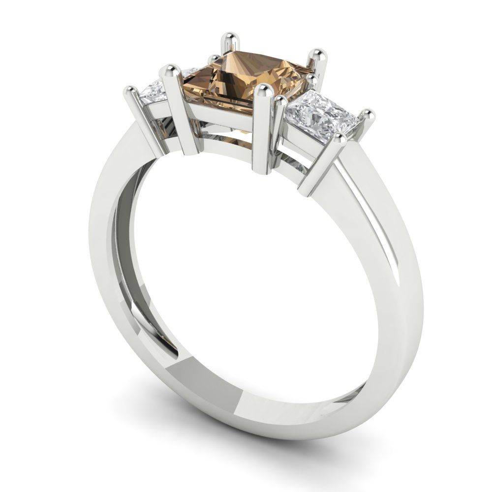 1.11 cttw Zirconia Simulated Champagne Diamond Three-Stone Engagement Ring - Solid White Gold (VVS1, Princess Cut,5.0mm)