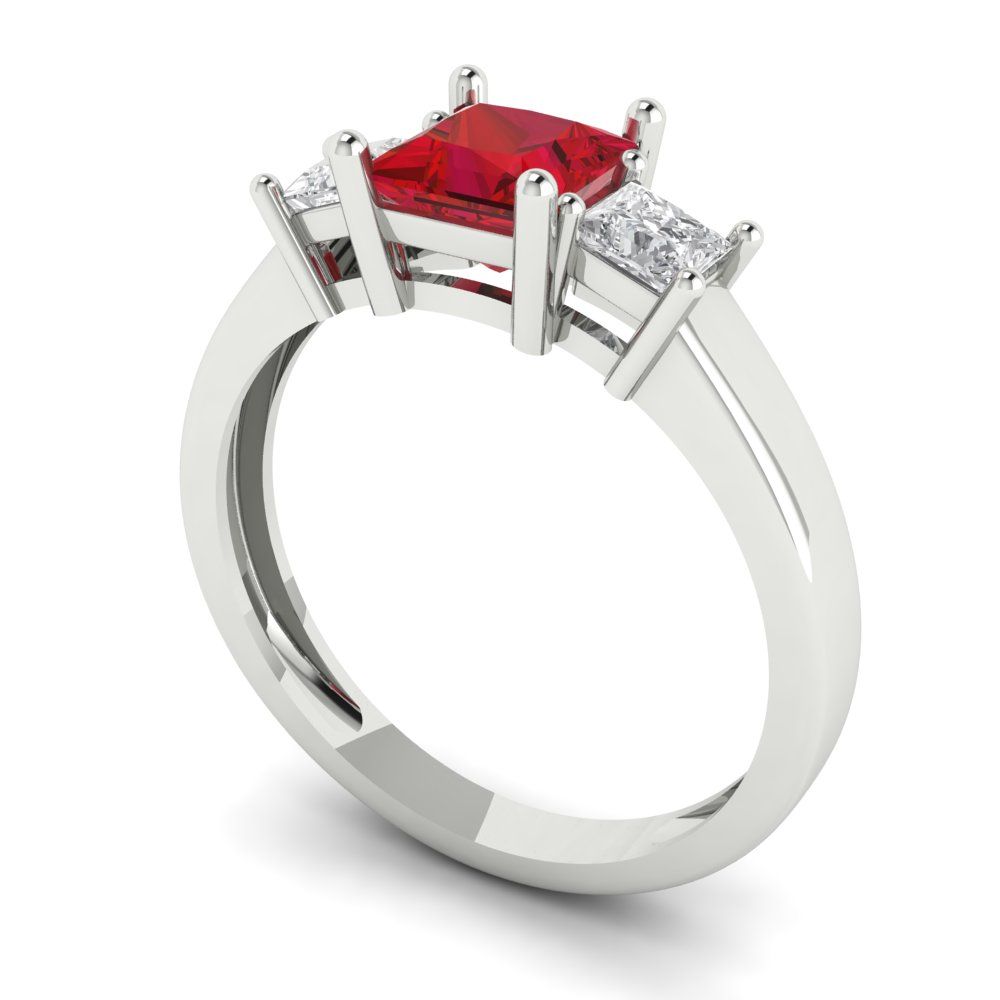 1.11 cttw Simulated Ruby Three-Stone Engagement Ring - Solid White Gold (VVS1, Princess Cut,5.0mm)