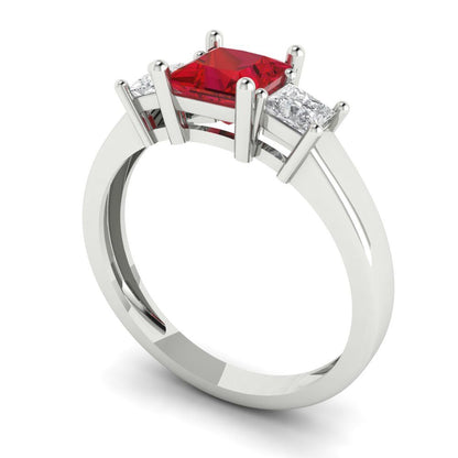 1.11 cttw Simulated Ruby Three-Stone Engagement Ring - Solid White Gold (VVS1, Princess Cut,5.0mm)