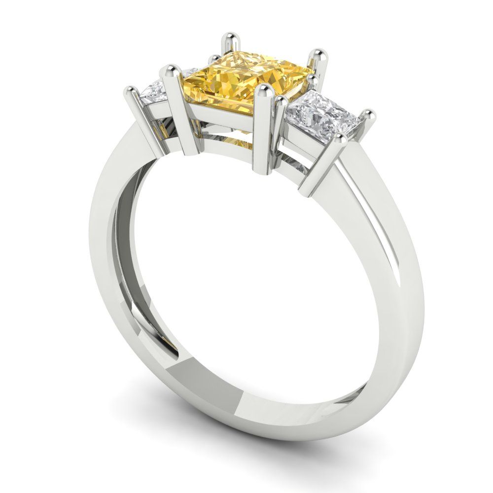 1.11 cttw Yellow Moissanite Three-Stone Engagement Ring - Solid White Gold (VVS1, Princess Cut,5.0mm)