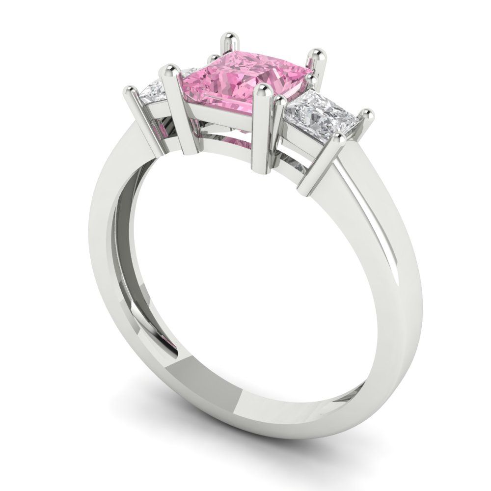 1.11 cttw Zirconia Simulated Pink Diamond Three-Stone Engagement Ring - Solid White Gold (VVS1, Princess Cut,5.0mm)